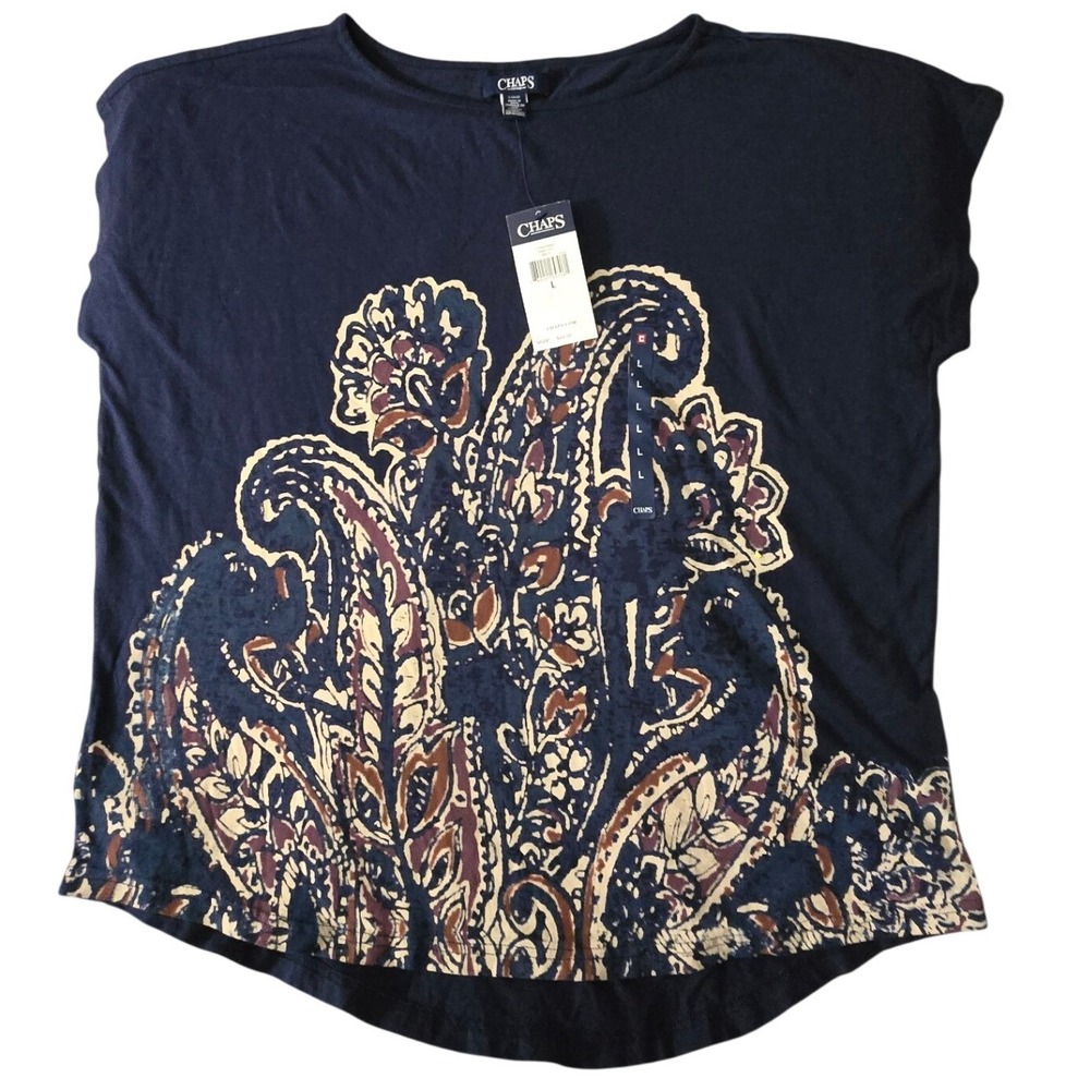 Chaps Denim Womens Navy Blue Paisley Graphic Print Short Sleeve Top Large NEW‎